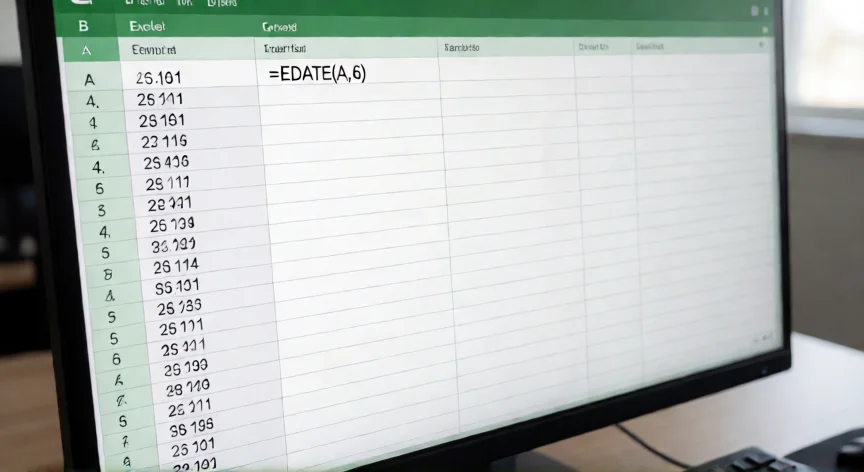 como aumentar 6 meses a una fecha en excel, Hojá de cálculo Excel mostrando la fórmula EDATE para sumar 6 meses a una fecha