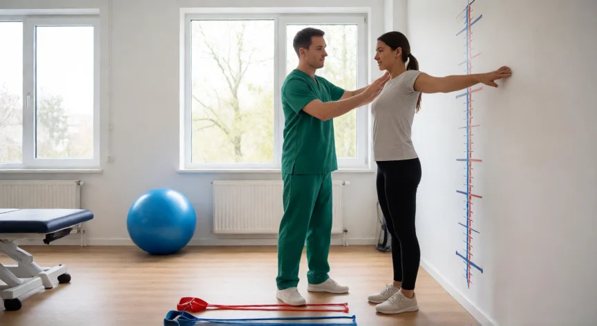 como aumentar 8 cm de altura, Sesión de fisioterapia para corrección postural en clínica moderna