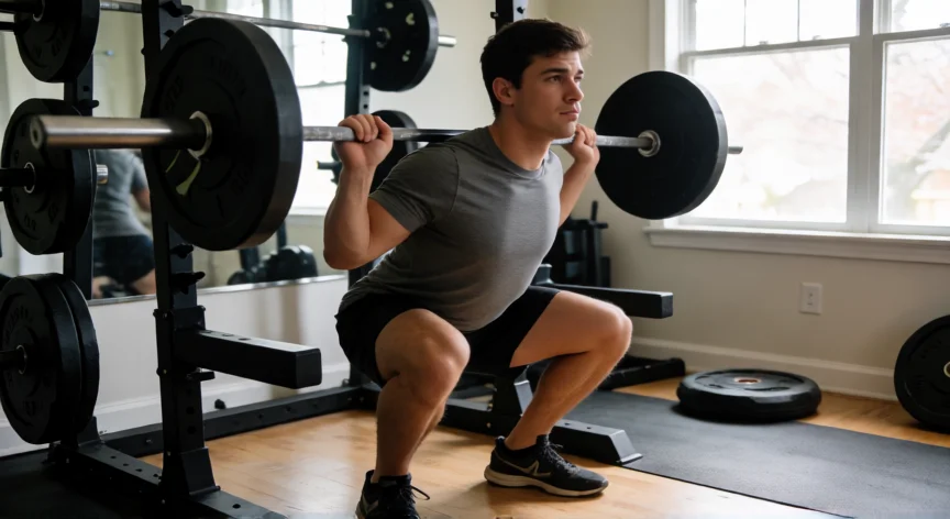 como aumentar 8 kilos, Hombre realizando sentadillas con barra en un gimnasio casero para ganar masa muscular