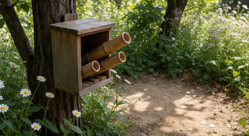 como aumentar a las avispas, Nido de avispas solitarias con tubos de bambú en jardín con flores silvestres