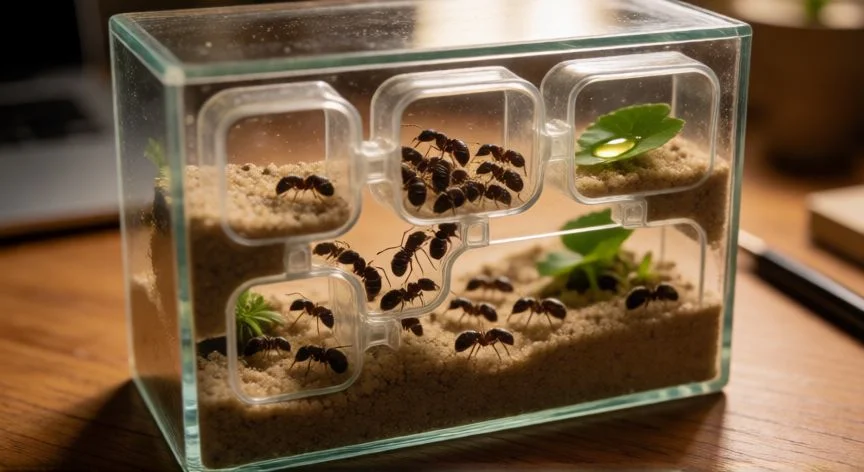 cómo aumentar a las hormigas, Terrario con colonia de hormigas creciendo en cámaras de arena húmeda