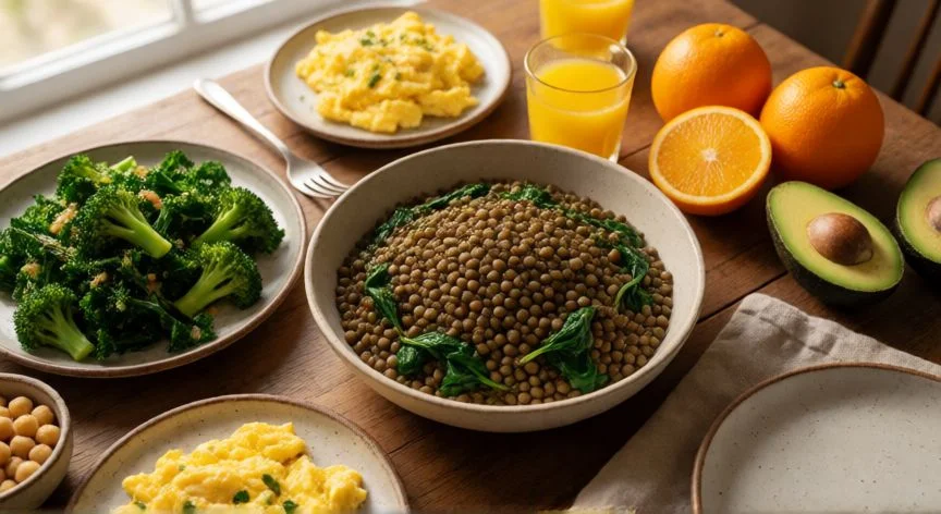 como aumentar acido folico, Mesa con alimentos ricos en ácido fólico: lentejas, espinacas, brócoli, naranja y huevo