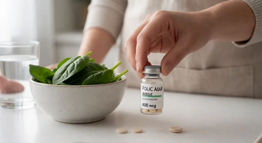 como aumentar acido folico, Suplemento de ácido fólico junto a espinacas frescas sobre encimera de cocina