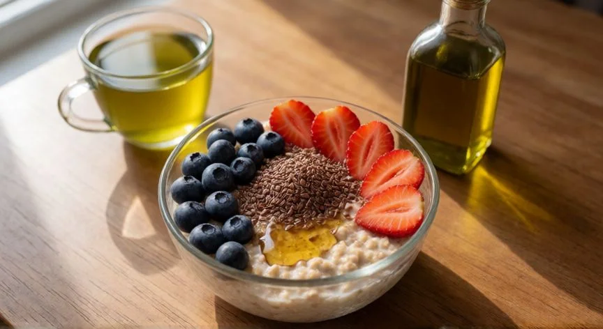 como aumentar akkermansia muciniphila, Bowl de avena con frutos rojos y té verde para alimentar la Akkermansia muciniphila