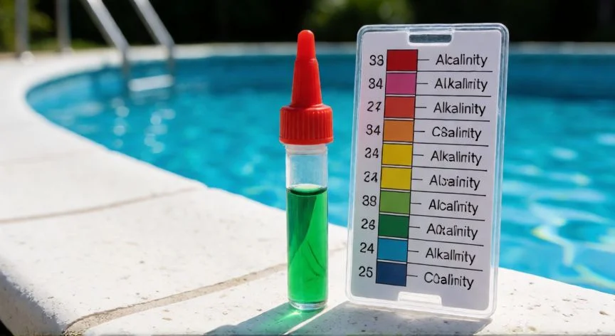 como aumentar alcalinidad piscina, Kit de pruebas de agua de piscina midiendo la alcalinidad junto al borde del vaso.