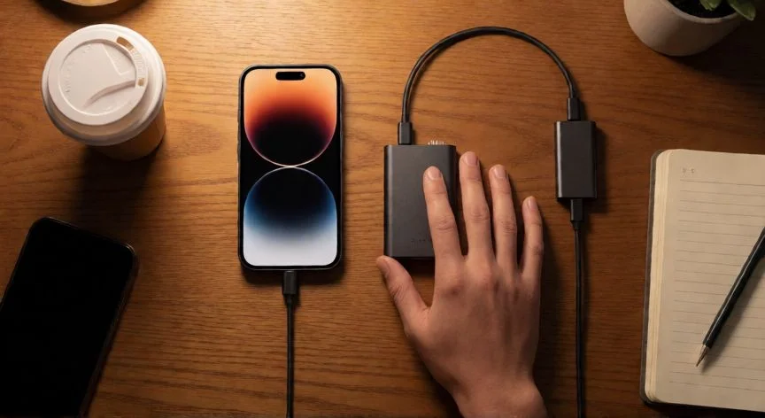 como aumentar almacenamiento en iphone, iPhone conectado a un disco SSD externo mediante cable USB-C para liberar espacio