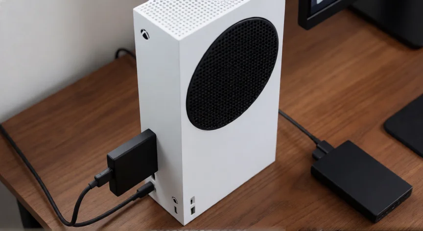 como aumentar almacenamiento xbox series s, Xbox Series S con disco SSD externo conectado por USB-C para ampliar almacenamiento