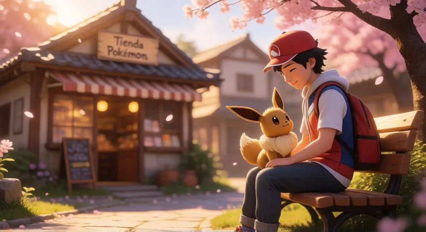 como aumentar amistad pokemon, Entrenador con su Eevee mostrando afecto en una plaza al atardecer