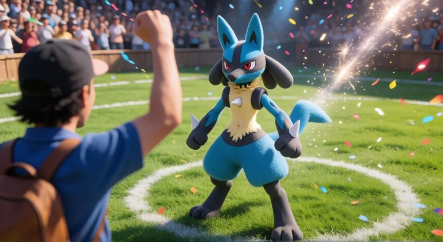 como aumentar amistad pokemon, Lucario celebrando una victoria junto a su entrenador en un campo de batalla