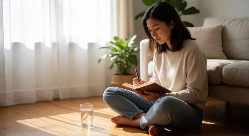 como aumentar autoestima, Mujer escribiendo en un cuaderno de gratitud en una habitación iluminada por la luz natural de la mañana