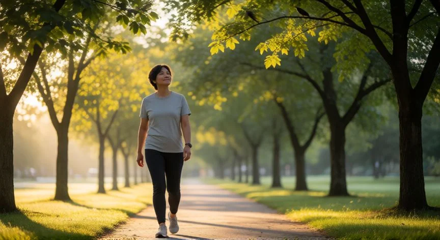 como aumentar autoestima, Persona caminando por un sendero arbolado al amanecer, disfrutando del movimiento y la naturaleza