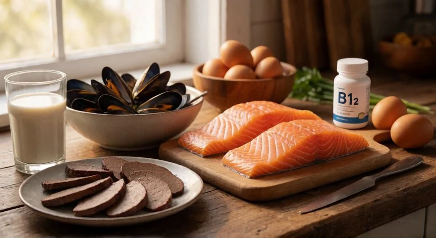 como aumentar b12, Alimentos ricos en vitamina B12: salmón, hígado, mejillones, leche y huevos sobre mesa de madera