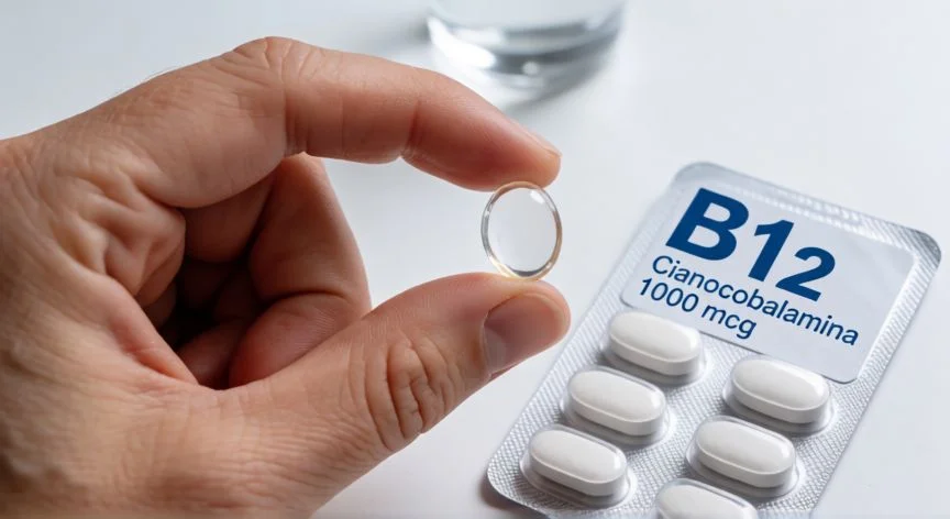 como aumentar b12, Suplementación sublingual de vitamina B12 con tableta y blíster de cianocobalamina