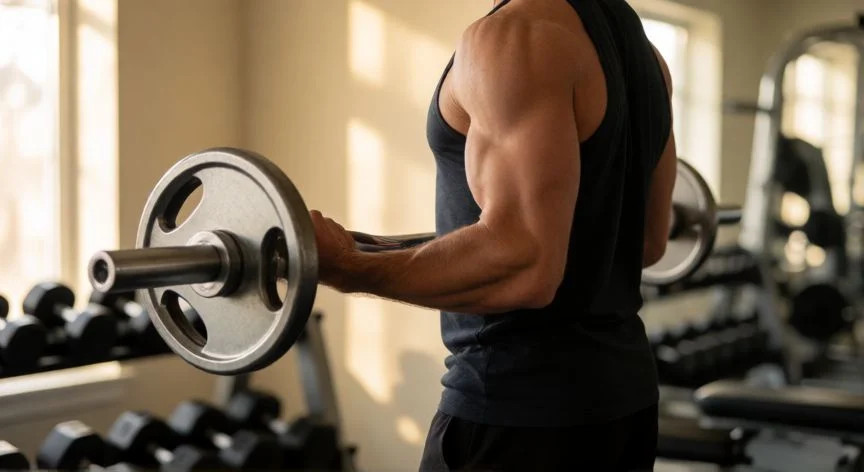 como aumentar biceps rapido, Hombre haciendo curl con barra en el gimnasio mostrando contracción de bíceps