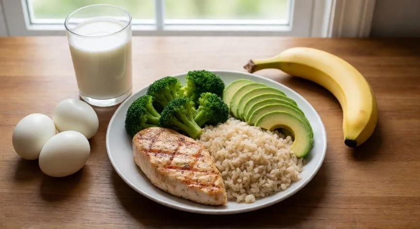 como aumentar biceps rapido, Comida hipercalórica con pollo, arroz, brócoli y huevos para ganar masa muscular