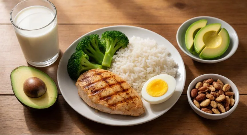 como aumentar brazos, Comida equilibrada con proteína, carbohidratos y grasas para ganar masa muscular