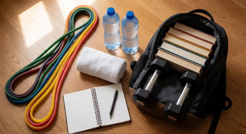 como aumentar brazos en casa, Equipamiento de entrenamiento casero con bandas, mochila de libros y botellas