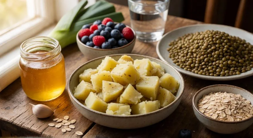 como aumentar butirato, Mesa con alimentos ricos en fibra fermentable: patata enfriada, legumbres, berries, avena y puerro