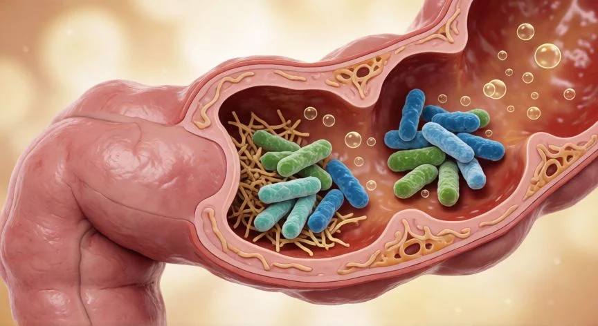 como aumentar butirato, Ilustración del colon mostrando bacterias que fermentan fibra y producen butirato en la pared intestinal