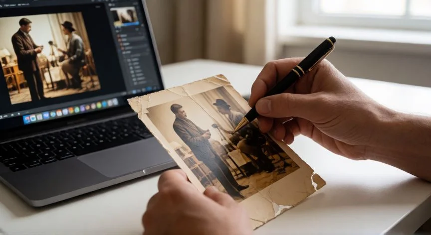 como aumentar calidad de imagen, Manos restaurando una fotografía antigua dañada junto a un portátil con software de mejora