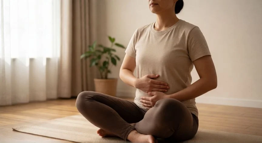 como aumentar capacidad pulmonar, Persona practicando respiración diafragmática sentada en postura de loto