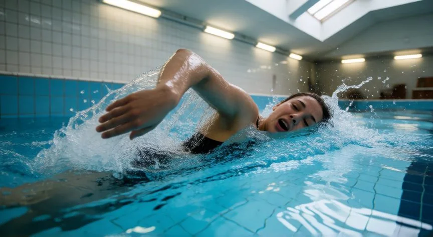 como aumentar capacidad pulmonar, Nadador de estilo libre respirando de lado en piscina interior