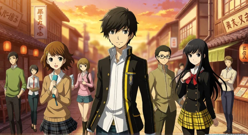 como aumentar carisma persona 4, Protagonista de Persona 4 con sus compañeros en la ciudad de Inaba al atardecer