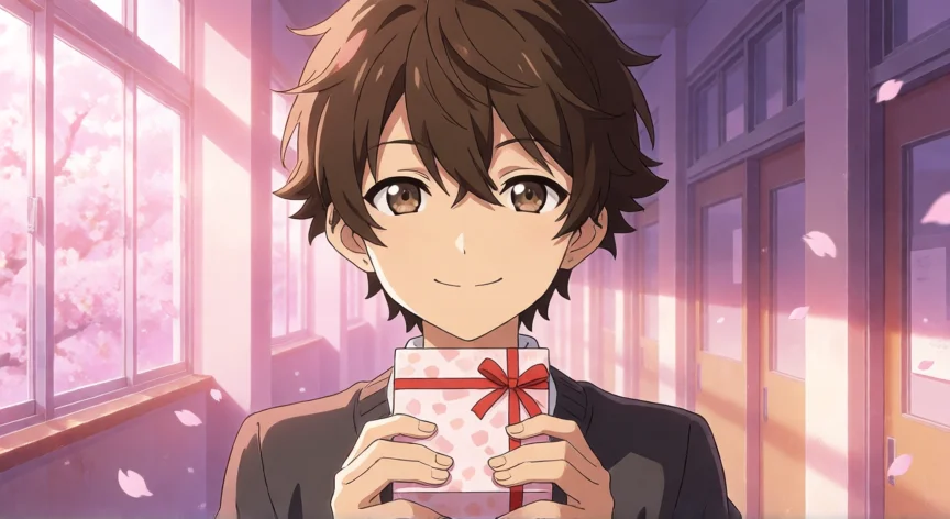 como aumentar carisma persona 4, Protagonista de Persona 4 sonriendo sosteniendo un regalo en el pasillo de la academia