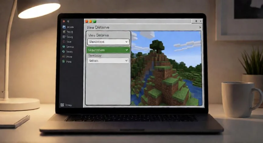 como aumentar chunks en aternos, Panel de configuración de Aternos mostrando la opción View Distance seleccionada