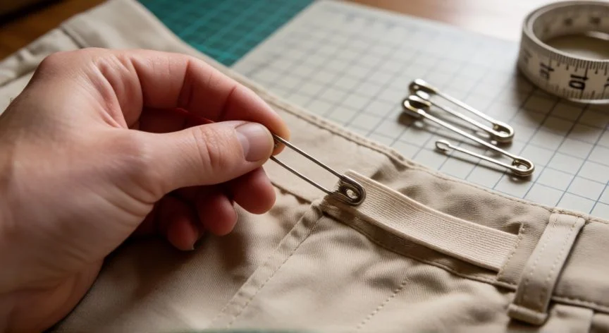 como aumentar cintura pantalón con elástico, Manos introduciendo elástico nuevo en el canal de la cintura del pantalón