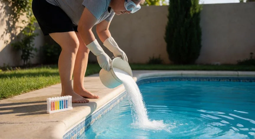 como aumentar cloro piscina, Persona añadiendo cloro granulado a una piscina al aire libre con guantes y gafas de buceo