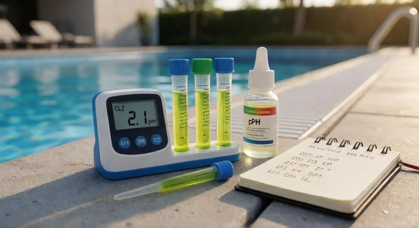 como aumentar cloro piscina, Estación de análisis de agua de piscina con fotómetro digital y probetas de cloro