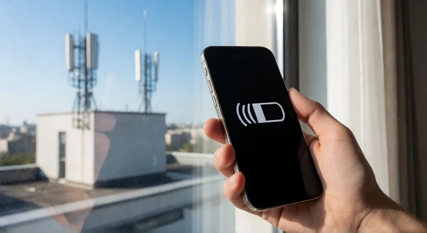 como aumentar cobertura movil, Persona sosteniendo un móvil con poca señal cerca de una ventana con antenas al fondo