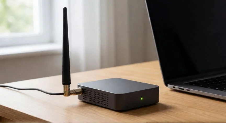 como aumentar cobertura movil, Repetidor de señal móvil con antena externa sobre un escritorio de oficina en casa