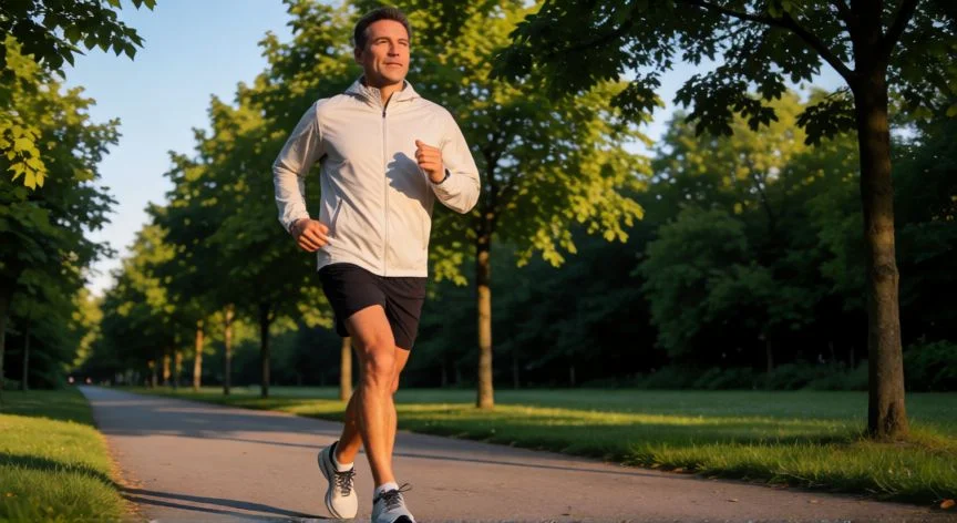 como aumentar colesterol bueno, Hombre haciendo ejercicio aeróbico al aire libre para mejorar su colesterol bueno