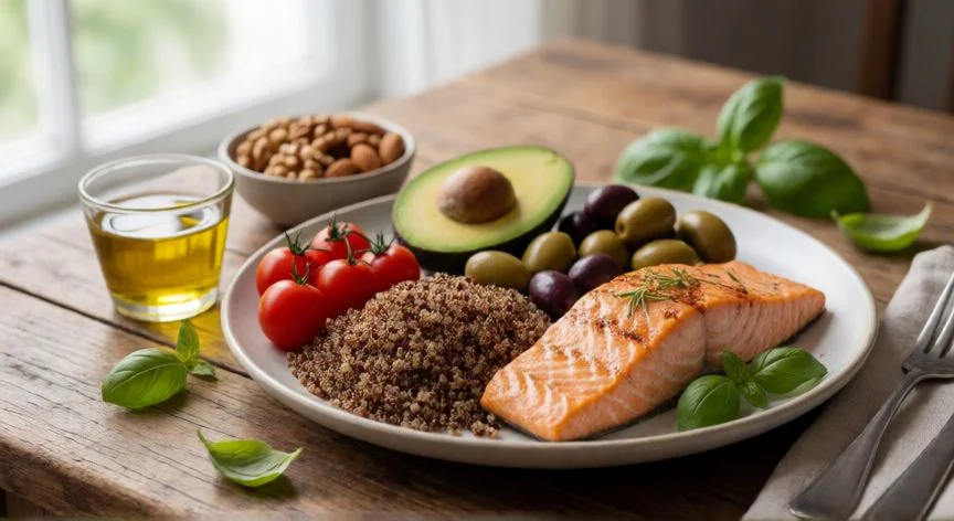 como aumentar colesterol hdl, Plato de dieta mediterránea con salmón, frutos secos y aceite de oliva para subir el HDL