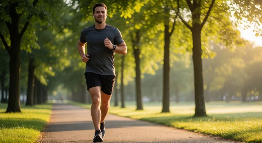 como aumentar colesterol hdl, Hombre corriendo por un parque al amanecer como parte del ejercicio para aumentar colesterol HDL