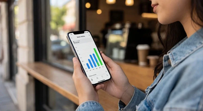 como aumentar datos moviles, Persona mirando su consumo de datos móviles en el teléfono