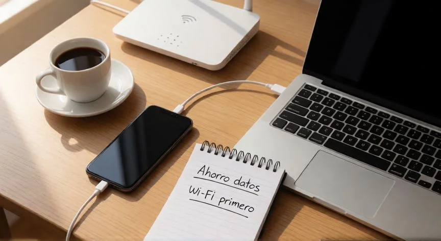 como aumentar datos moviles, Mesa de trabajo con móvil conectado y apuntes sobre ahorro de datos