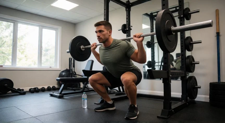 como aumentar de peso y masa muscular, Hombre realizando sentadilla con barra en gimnasio para ganar masa muscular