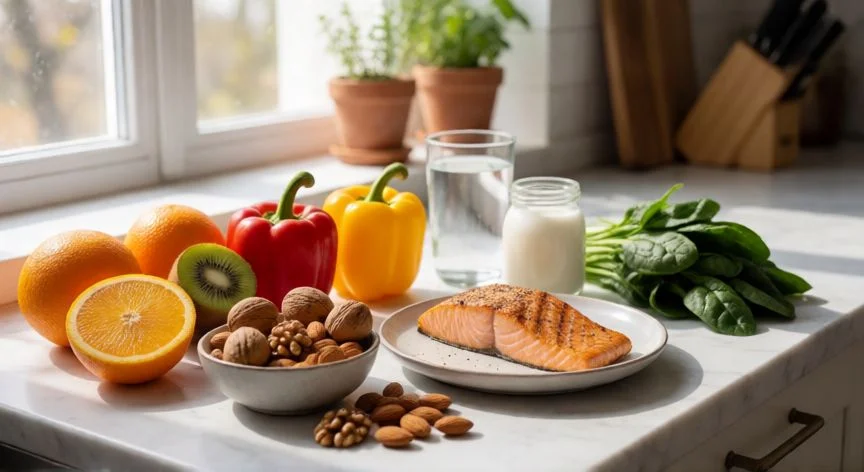 como aumentar defensas, Alimentos que fortalecen el sistema inmunológico sobre una encimera de cocina
