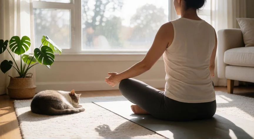 como aumentar defensas del cuerpo, Persona practicando yoga al aire libre para reducir el estrés y fortalecer las defensas