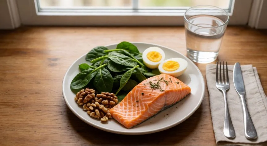 como aumentar densidad capilar, Plato equilibrado con proteína, hierro y omega 3 para la salud capilar