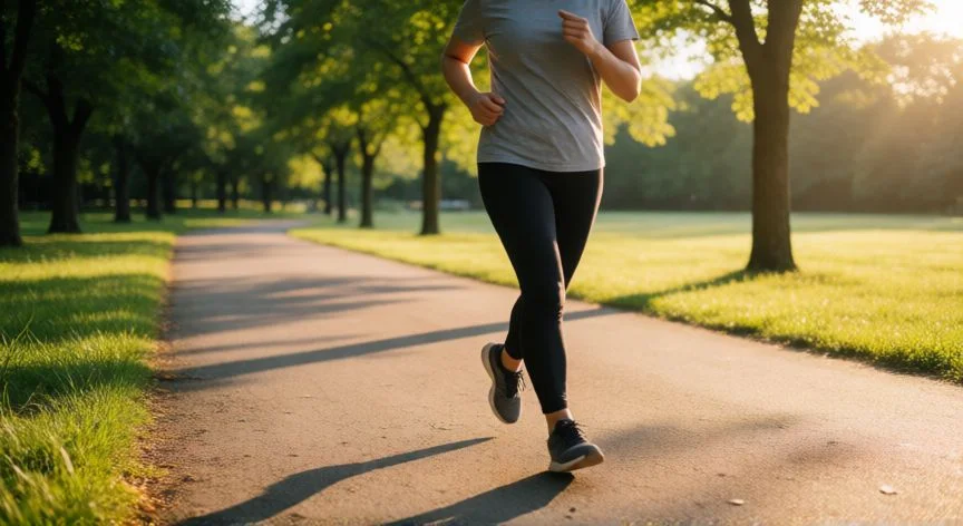como aumentar dopamina, Persona caminando por un parque al amanecer para aumentar la dopamina con ejercicio