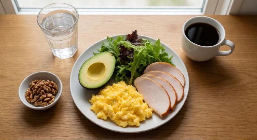 como aumentar dopamina, Desayuno rico en tirosina con huevos, aguacate y nueces para apoyar la síntesis de dopamina