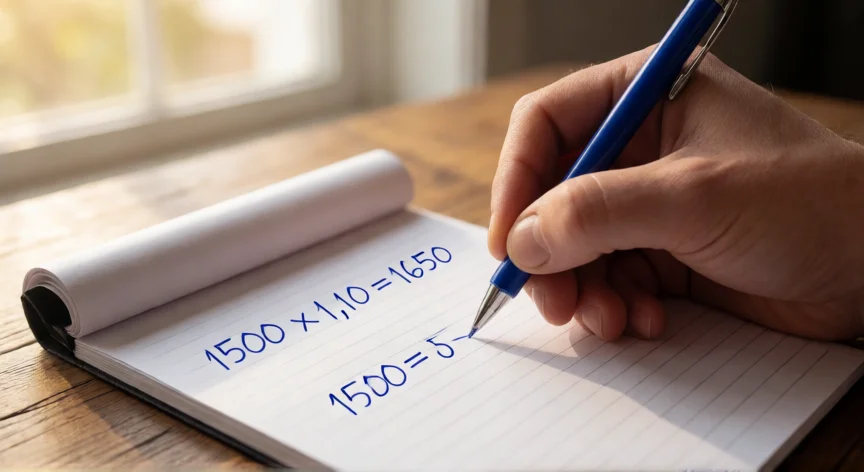 como aumentar el 10 por ciento a una cantidad, Mano escribiendo el cálculo de aumento del 10% en una libreta sobre un escritorio de madera