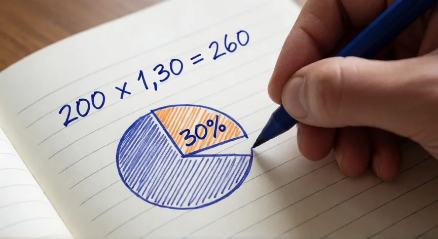 como aumentar el 30 por ciento a una cantidad, Mano escribiendo el cálculo de un aumento del 30% en un cuaderno con gráfico circular