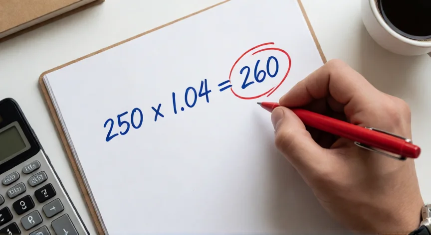 Cálculo a mano de aumentar 250 euros un 4 por ciento usando la fórmula de multiplicación directa