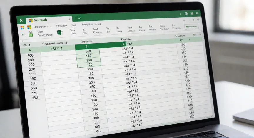 Hoja de cálculo de Excel mostrando la fórmula =A1*1,4 para aumentar un 40%