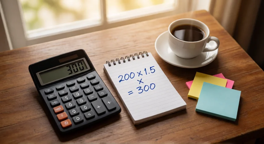 como aumentar el 50 por ciento a una cantidad, Calculadora y notas mostrando el cálculo de aumentar 200 un 50 por ciento para obtener 300